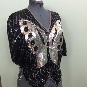 Shomax Black Sequined Butterfly Silk Top.
